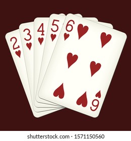 Straight Flush of Hearts from Two to Six - playing cards vector illustration