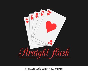 Straight flush playing cards, hearts suit. Poker hand. Vector illustration.