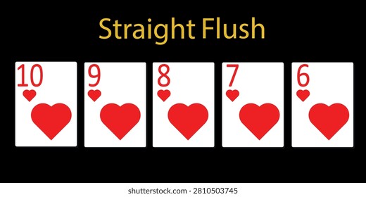 Straight Flush poker hand ranking with playing cards isolated on black background.