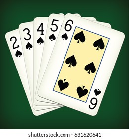 Straight Flush of Spades from Two to Six - playing cards vector illustration