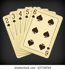Straight Flush of Spades from Two to Six - vintage playing cards vector illustration