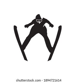 Straight front view of a ski jump athlete in V-style, vector illustration in high contrast vintage mode