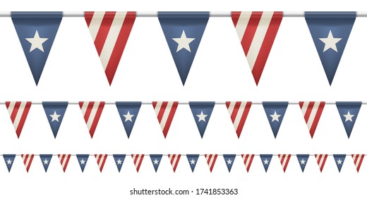 Straight garland with flags. Design elements for 4th of july, memorial day, presidential election. Set of patriotic bunting flags. U.S. Flag Garland. Vector illustration.