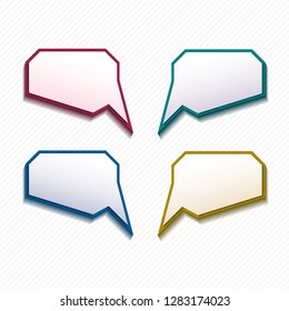 Straight and geometric speech bubble in color red, blue and yellow with white background and diagonal lines