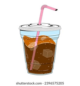 Straight glass with cola and ice in retro cartoon style. Vector flat illustration of a plastic glass with a straw and cold cola.