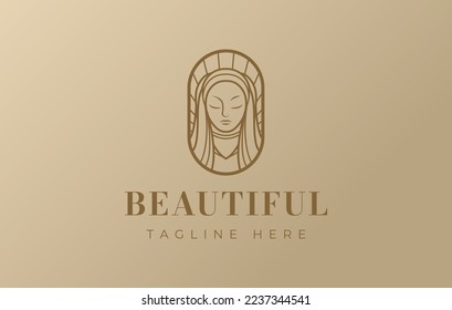 Straight Hair Beautiful Woman Logo Design Template. Woman In Oval Profile Frame Shape