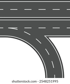 Autoestrada reta com uma rampa de saída curvando para baixo, formando um semicírculo, representando a infraestrutura rodoviária e os conceitos de transporte