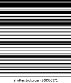 Straight, horizontal lines pattern with random thickness. Black and white background. (Seamlessly repeatable horizontally.)