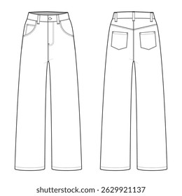 Straight Leg Denim Jeans- Front and Back View- Flat Vector Illustration