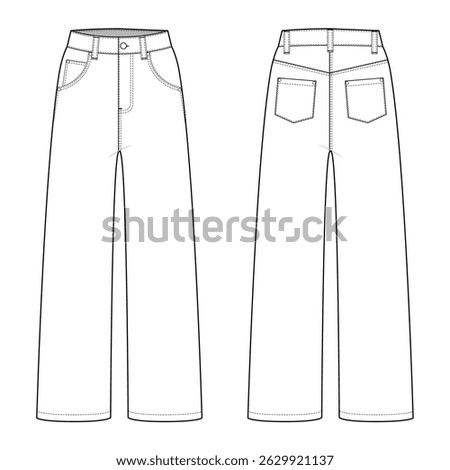 Straight Leg Denim Jeans- Front and Back View- Flat Vector Illustration
