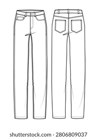 Women’s straight leg jeans front and back view technical drawing vector template.