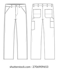 Calça de calça de perna reta vetor modelo de maquete desenho de linha técnica.