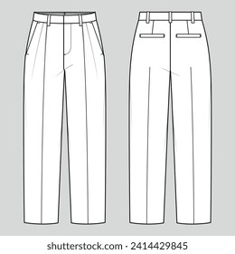 Straight leg trousers. Women's tailored wear. Vector technical sketch. Mockup template.