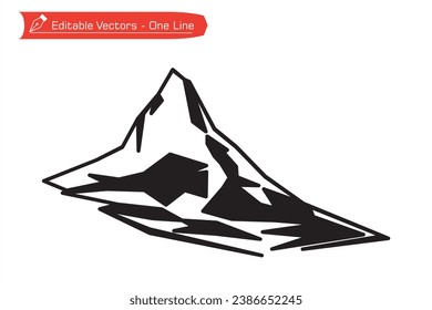 Straight line art Mountains Premium Icon. One continuous line drawing of remote Matterhorn mountain in Switzerland. Vector illustration of Matterhorn mountain above an Alpine stream. Alps, Pennine.