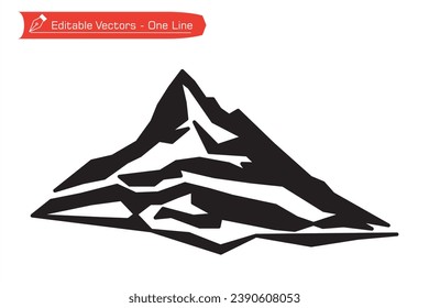 Straight line art of Mountains Premium Icons. Black and white Matterhorn mountain silhouette. Swiss Alps, Valais, Switzerland. Vector illustration of Swiss Matterhorn Alps. European alps.