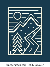 Straight line design of the mountain and tree nature for t shirt badge patch and stcker