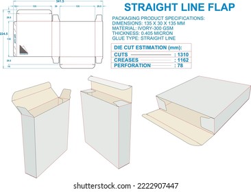 Straight Line Flap. Material: ivory-300 gsm. Dimensions: 135 x 30 x 135 mm (Eps file scale 1:1). 2D: Real illustrations. 3D Box: Illustration only. Equipped die cut estimates prepared for production.