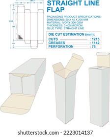 Straight Line Flap. Material: Ivory-300 gsm. Dimensions: 50 x 45 x 200 mm (Eps file scale 1:1). 2D: Real illustrations. 3D Box: Illustration only. Equipped die cut estimates prepared for production.