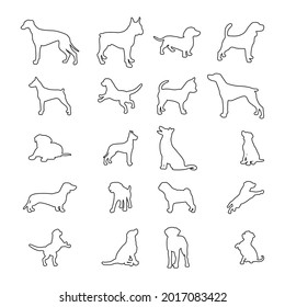 Straight Line Icon Set Dog, Great Dane, Akita, Pit Bull, Shepherd, Golden Retriever, Siberian Husky, Labrador, Rottweiler, Doberman. Editable Stroke Vector.