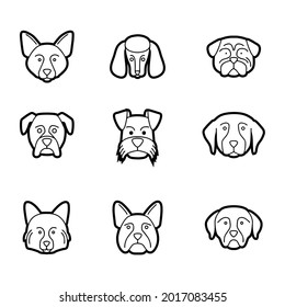 Straight Line Icon Set Dog, Great Dane, Akita, Pit Bull, Shepherd, Golden Retriever, Siberian Husky, Labrador, Rottweiler, Doberman. Editable Stroke Vector.