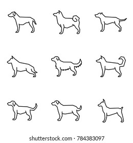Straight Line Icon Set Dog, Great Dane, Akita, Pit Bull, Shepherd, Golden Retriever, Siberian Husky, Labrador, Rottweiler, Doberman. Editable Stroke Vector. 