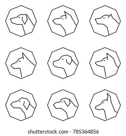 Straight Line Icon Set Dog Head Inside Polygonal, Great Dane, Akita, Pit Bull, Shepherd, Golden Retriever, Siberian Husky, Labrador, Rottweiler, Doberman. Editable Stroke Vector. 