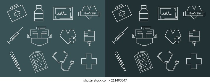Straight line rectangular chalk vector medical icons set