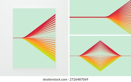 A straight line splits into many rays, which then reconnect into a straight line. A vibrating string. Layers of sheets. Physical optics. Thread or fiber. Vector for brochure, cover or presentation.