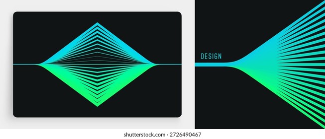 A straight line splits into many rays, which then reconnect into a straight line. A vibrating string. Layers of sheets. Physical optics. Thread or fiber. Vector for brochure, cover or presentation.