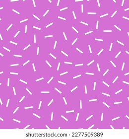 Straight line sprinkles background. Memphis style dash seamless vector pattern. Abstract fabric design. White on purple pink.