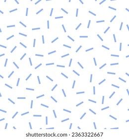 Straight line sprinkles background. Memphis style dash seamless vector pattern. Abstract fabric design. White and blue.