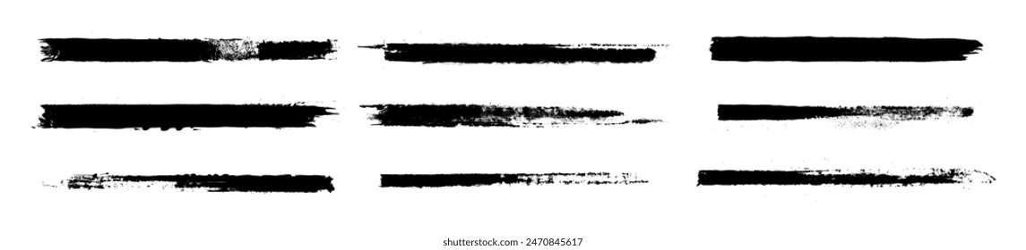 Straight line vector Asian ink brush strokes. Black hand drawn stripes, smears. Chinese, Japanese or  Korean calligraphy brushstrokes set. Rough grunge thick paint line texture. Vector sketch lines