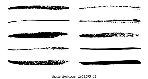Traçados de pincel de tinta asiático de vetor de linha reta. Listas pretas desenhadas à mão, manchas. Pincéis de caligrafia chineses, japoneses ou coreanos. Textura de linha de tinta grossa grunge áspera. Linhas de esboço vetorial