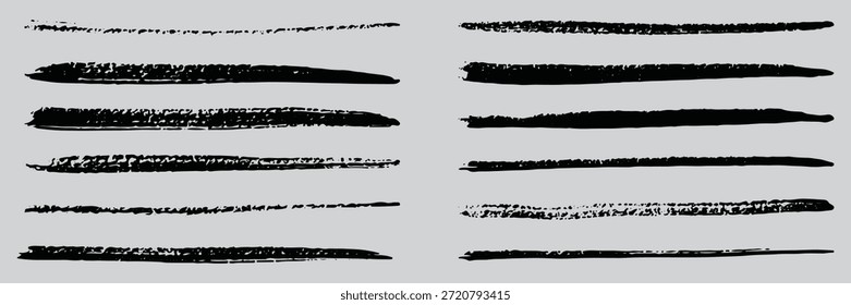 Traçados de pincel de tinta asiático de vetor de linha reta. Listas pretas desenhadas à mão, manchas. Pincéis de caligrafia chineses, japoneses ou coreanos. Textura de linha de tinta grossa grunge áspera. Linhas de esboço vetorial