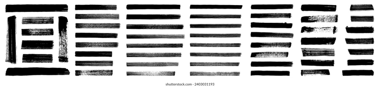 Straight line vector brush strokes. Black hand drawn stripes, smears. Chinese, Korean or Japanese calligraphy brushstrokes. Rough grunge thick paint line texture. Vector sketch rectangle text boxes