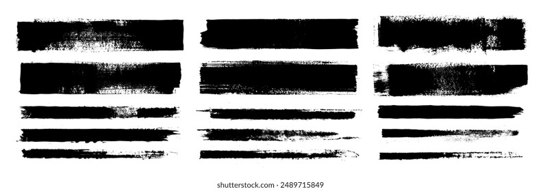 Straight line vector brush strokes. Black hand drawn stripes, smears. Chinese or Japanese calligraphy brushstrokes set. Rough grunge thick paint line texture. Vector sketch rectangle text boxes