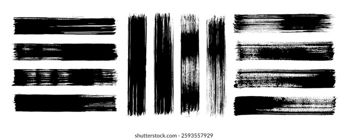 Straight line vector brush strokes. Black hand drawn stripes, smears. Chinese, Korean or Japanese calligraphy brushstrokes. Rough grunge thick paint line texture. Vector sketch rectangle text boxes