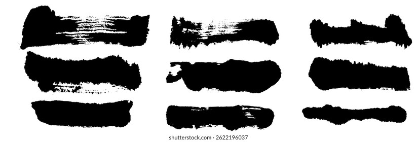 Straight line vector brush strokes. Black hand drawn stripes  smears. Chinese or Japanese calligraphy brushstrokes set. Rough grunge thick paint line texture. Vector sketch rectangle text boxes art