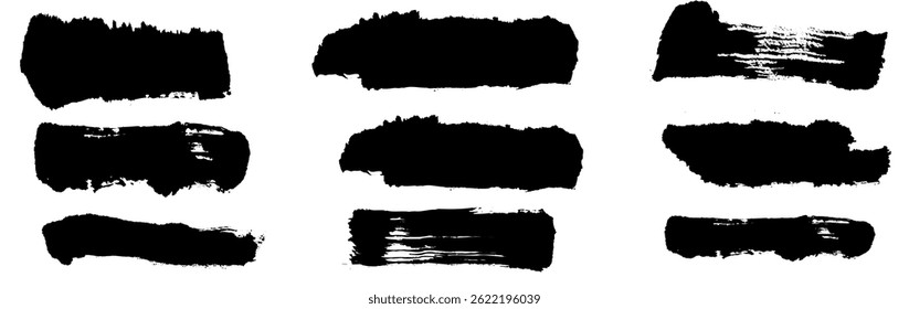 Straight line vector brush strokes. Black hand drawn stripes  smears. Chinese or Japanese calligraphy brushstrokes set. Rough grunge thick paint line texture. Vector sketch rectangle text boxes art