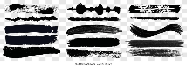 Trazos de pincel de Vector en línea recta. Rayas negras dibujadas a mano, frotis. Pinceladas de caligrafía china o japonesa. Textura gruesa gruesa de la línea de pintura del grunge áspero.