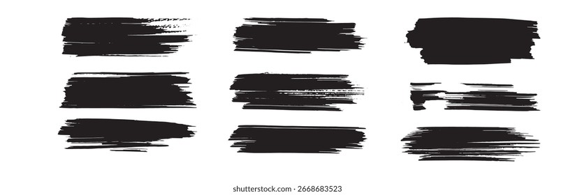 Trazos de pincel de Vector en línea recta. Mano negra dibujado rayas frotis. Pinceladas de caligrafía china o japonesa. Textura gruesa gruesa de la línea de pintura del grunge áspero. Arte de cuadros de texto de rectángulo de boceto de Vector