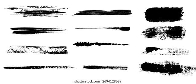 Trazos de pincel de Vector en línea recta. Rayas negras dibujadas a mano, frotis. Pinceladas de caligrafía china o japonesa. Textura gruesa gruesa de la línea de pintura del grunge áspero.