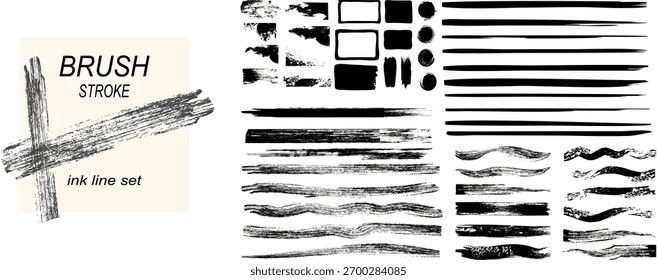 Straight line vector brush strokes black hand-drawn stripes and smears. Chinese or Japanese calligraphy brushstrokes set with rough grunge thick paint line textures and grungy sketchy rectangle text.