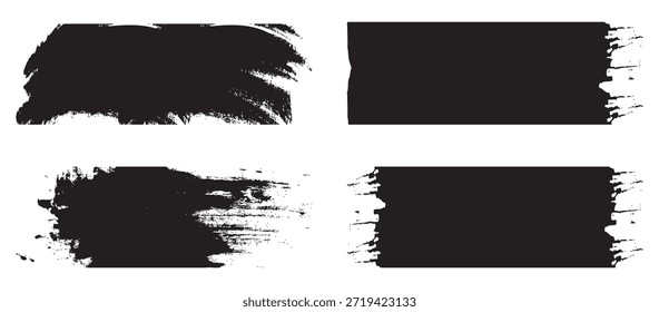 Trazos de pincel de Vector en línea recta. Rayas negras dibujadas a mano, frotis. Elementos de diseño artísticos sucios, cajas, marcos. Conjunto de salpicaduras de tinta, kit de pinceladas, tinción de grunge negro Vector