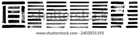 Straight line vector brush strokes. Black hand drawn stripes, smears. Chinese, Korean or Japanese calligraphy brushstrokes. Rough grunge thick paint line texture. Vector sketch rectangle text boxes