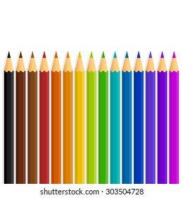 A straight line of vector rainbow color / colour pencils isolated on a white background