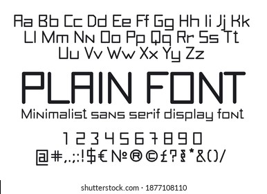 Straight linear font, uppercase and lowercase sans serif typography, numerals and symbols, soft and light minimalistic stencil letters for signs and advertising boards