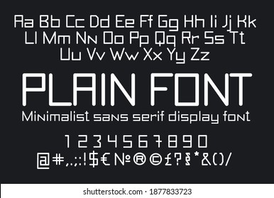 Straight linear font, uppercase and lowercase sans serif typography, numerals and symbols, soft and light minimalistic stencil letters for signs and advertising boards