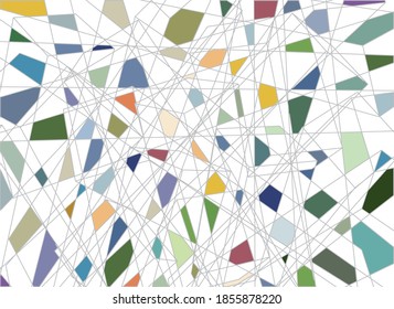Straight lines crossing, leaving differently shaped 2D forms with random coloring