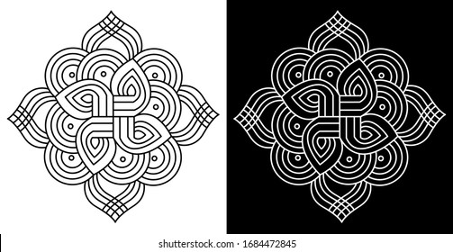 Straight Lines with Flower curves - Indian Traditional and Cultural Rangoli Vector art with Black and White background